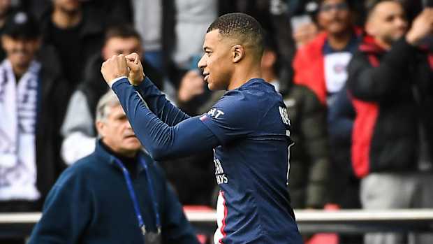 Kylian Mbappe pictured celebrating after scoring for PSG against Lille in February 2023